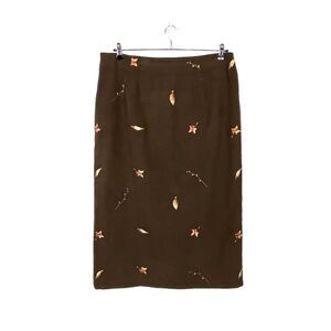 Coldwater Creek Midi Skirt Brown Embroidered Leaf Ultra Suede Stretch Women 18